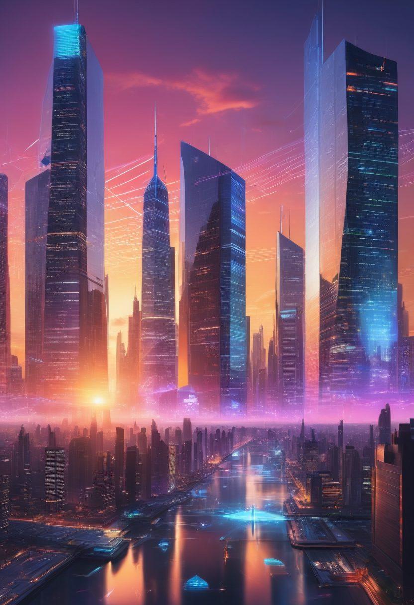 A futuristic city skyline with holographic networks connecting skyscrapers, showcasing seamless data flow through glowing data streams. In the foreground, diverse professionals collaborating on advanced devices, surrounded by digital screens displaying network solutions. A vibrant sunset casts a high-tech glow over the scene, symbolizing innovation and connectivity. cyberpunk. vibrant colors. super-realistic.