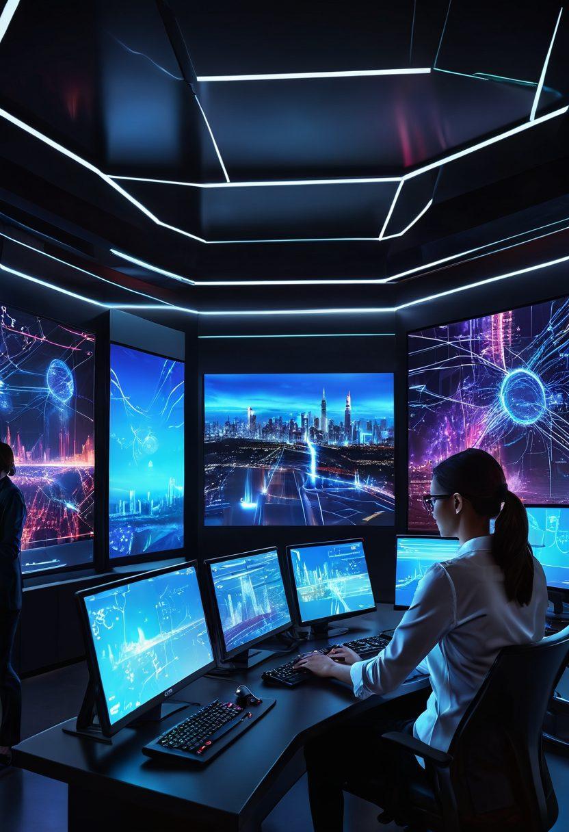 A futuristic control room filled with advanced communication devices and digital displays showing interconnected networks. In the background, a city skyline illuminated with vibrant neon lights symbolizes enhanced connectivity. Diverse professionals engaged in discussions, collaborating through holographic interfaces, showcasing unity in technology. Elements of internet signals and data flow visually represented around the scene. super-realistic. vibrant colors. 3D.