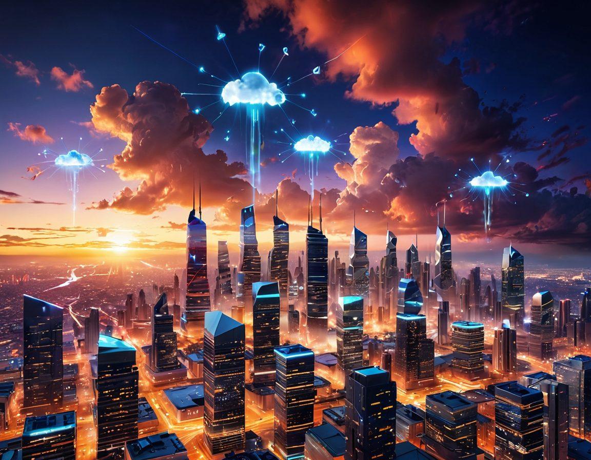 A futuristic city skyline with glowing cloud data symbols floating above, advanced networking technologies like satellites and antennas integrated into buildings, digital communication waves radiating throughout the scene, diverse people using devices connected to these technologies, an illuminating sunset in the background. super-realistic. vibrant colors. 3D.